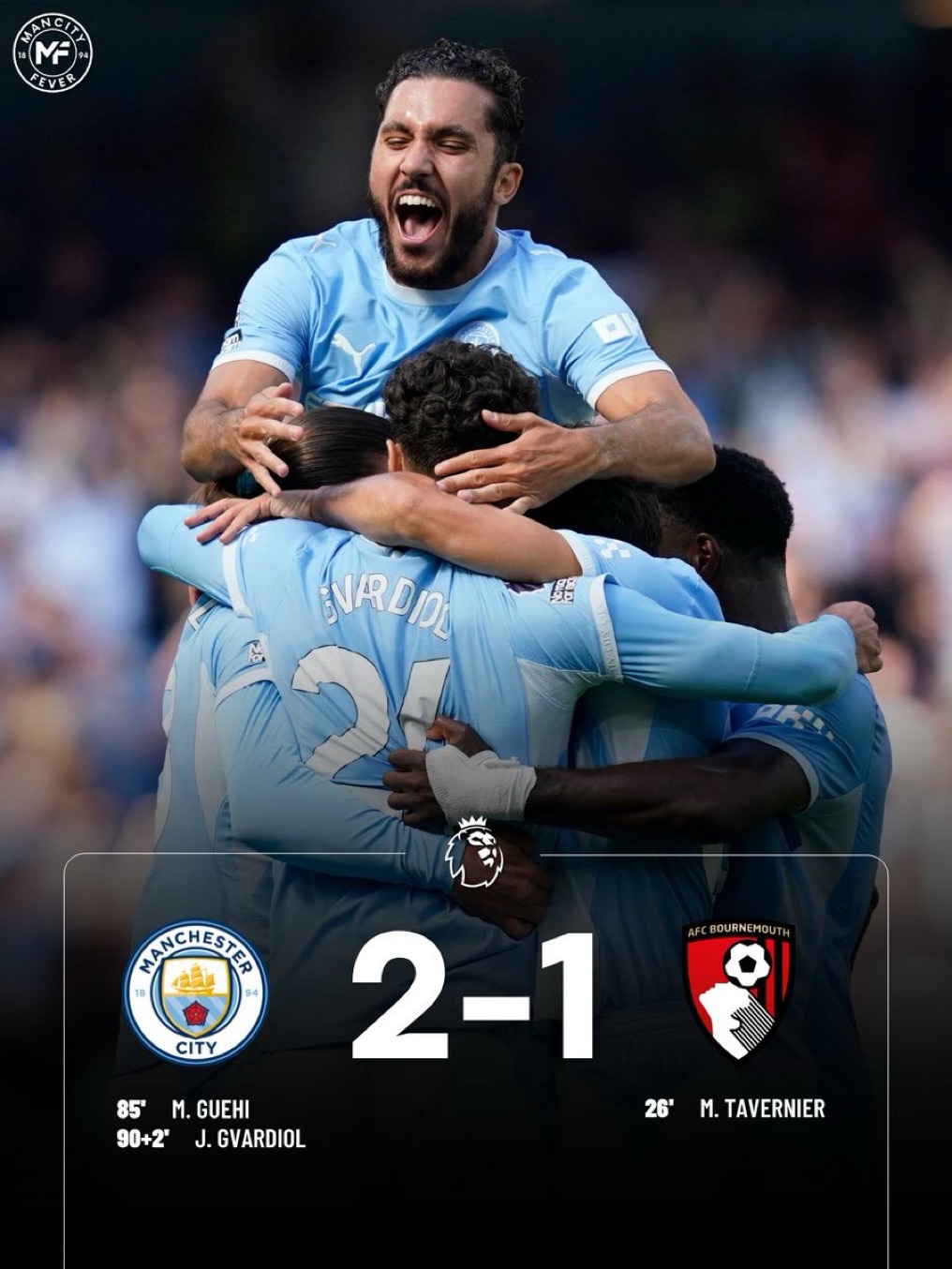 Guéhi and Gvardiol rescue Manchester City with late goals against Bournemouth